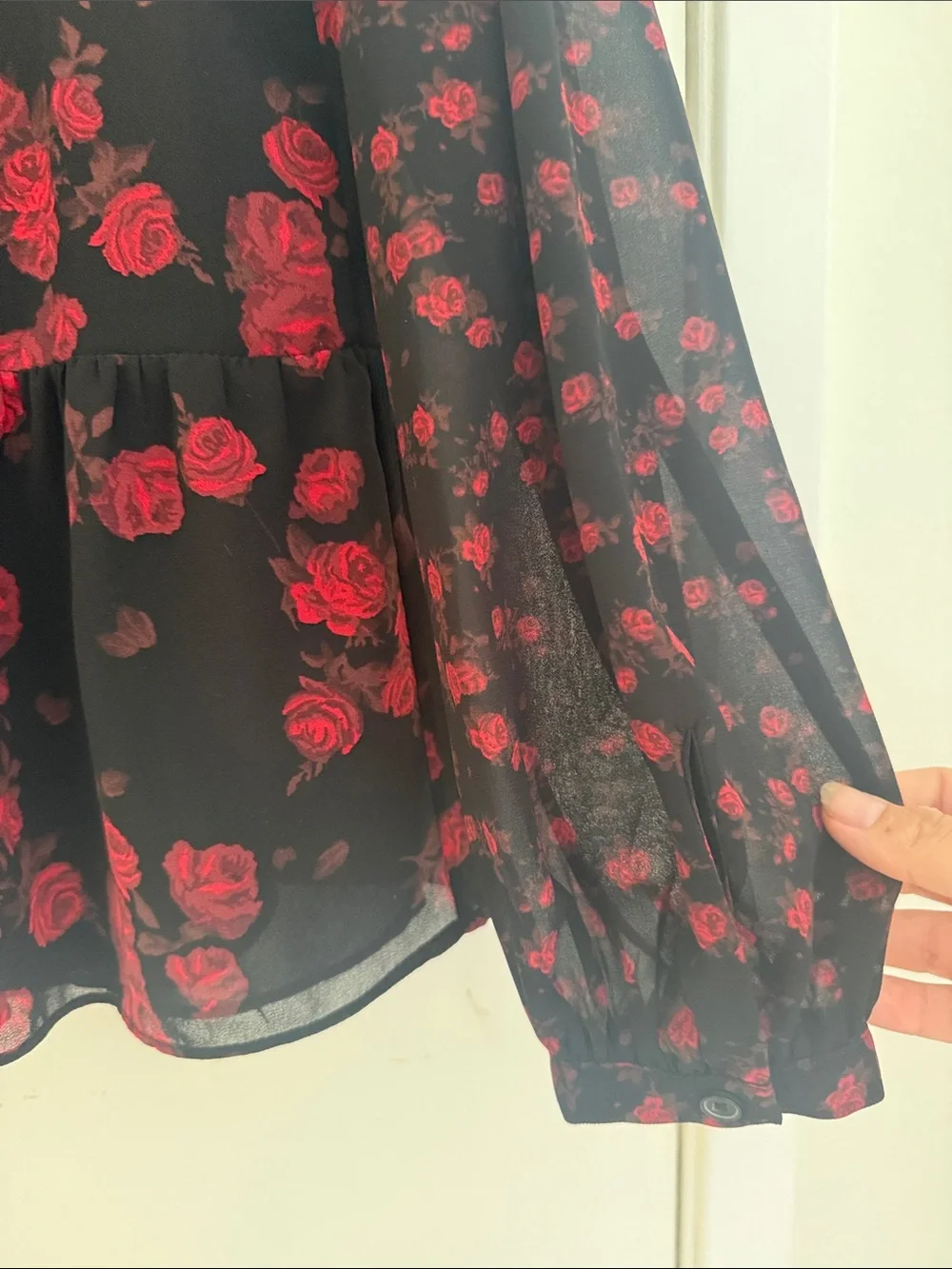 Michael Kors Black Blouse with Red Floral Print and Tie Neck size XS